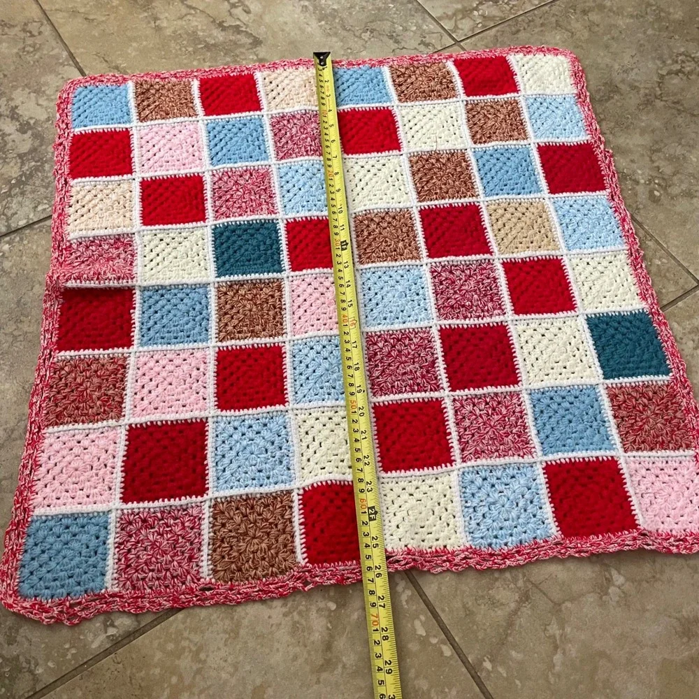 Handmade Crochet Granny Square Baby Blanket Patchwork Red Blue White 25x26